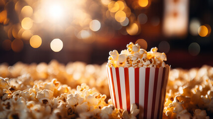 Movie and entertaiment theme. Popcorn with cinema or movie in the background.