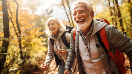 Fototapeta premium happy senior couple hiking in the autumn park