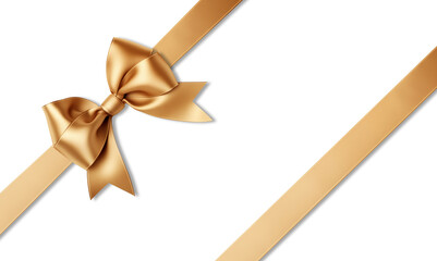 Gold bow ribbon and gold ribbon with isolated against transparent background. Christmas and happy birthday concept - obrazy, fototapety, plakaty