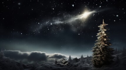 shooting star over wintry landscape with conifer for Xmas