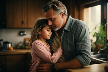 A middle age father is hugging his daughter in the kitchen. Generative AI. - obrazy, fototapety, plakaty