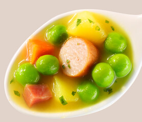 Löffel, Erbseneintopf, Einlage, Würstchen, Suppe, Kartoffeln,