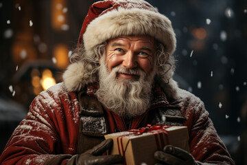 Old man with big smile in Santa Claus costume giving a gift, offering Christmas discount promotion advertising and Christmas present concept.