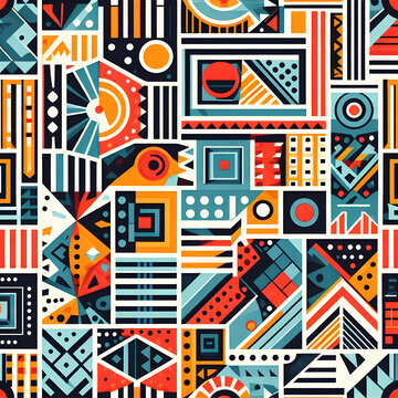 Seamless vector pattern. Colorful geometrical background with hand drawn decorative tribal elements. Print with ethnic, folk, traditional motifs. Graphic vector illustration.