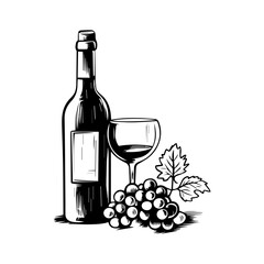 Wine still life Isolated on white background. Hand drawn vector illustration. Retro style.