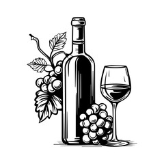Wine still life Isolated on white background. Hand drawn vector illustration. Retro style.