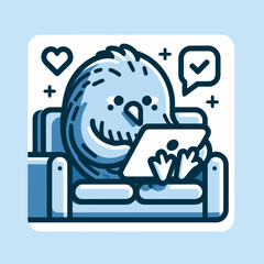 Bird on tablet sitting on couch, Blue color scheme