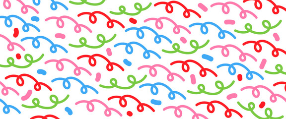 Fun colorful line doodle seamless pattern  transparent background, multi colored fun backdrop vector design layout for banners, presentations, flyers, posters.