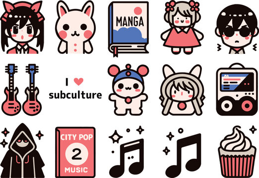 Set of manga anime Japanese subculture icons. Vector illustration. Generative AI.
