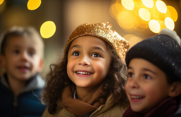 A group of jubilant 5-year-old children basks in the warm, festive glow of a bokeh background, exuding pure happiness. Generative AI.