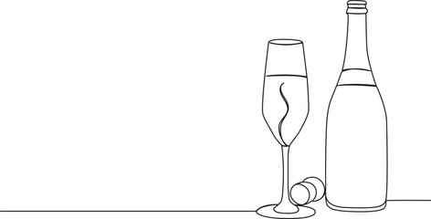 continuous single line drawing of bottle of sparkling wine and champagne glass, line art vector illustration