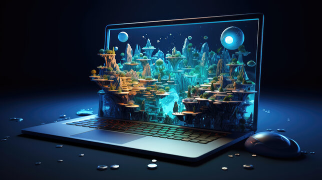 laptop with map on screen. 
graphic design with a natural effect of presence. Business work certificate concept. exam on an electronic document, and choose the correct answer for certification accordi
