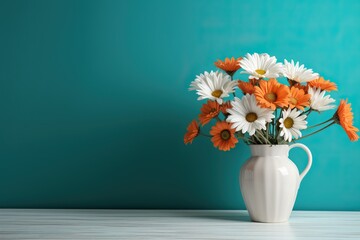 Daisy flowers bouquet in orange vase on white wooden coffee table near turquoise wall background. Interior design of modern living room with space for text.
