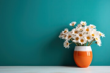 Daisy flowers bouquet in orange vase on white wooden coffee table near turquoise wall background. Interior design of modern living room with space for text. - obrazy, fototapety, plakaty