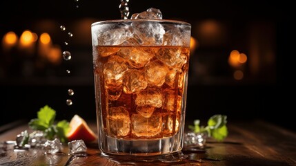 A refreshing soda with ice cubes. AI generated