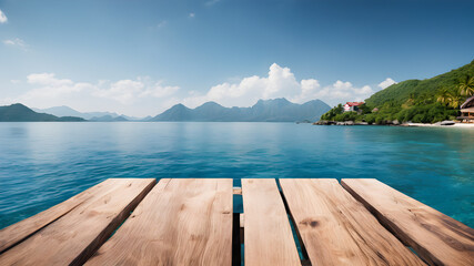 Wooden floor on beautiful seascape with blue sky background.
