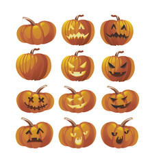 Vector Realistic Illustration Set of Halloween Pumpkins with Funny Faces