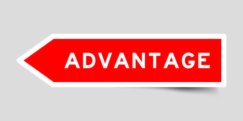 Red color arrow shape sticker label with word advantage on gray background