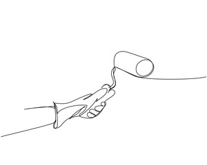 Paint roller in hand, protective gloves for repair one line art. Continuous line drawing of repair, professional, people, service, concept, support, maintenance, work, technician, wrench.
