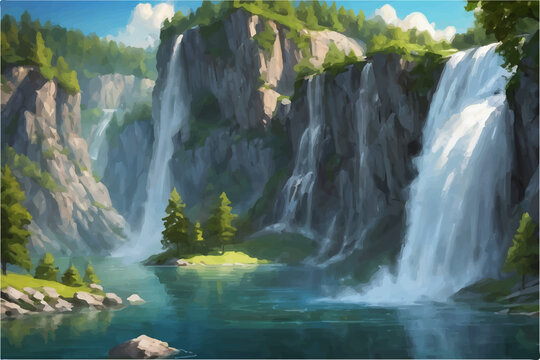 waterfall in the forest, ai generated 