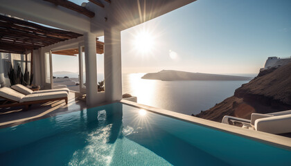 Luxury villa interior with pool at sunrise - 667691943