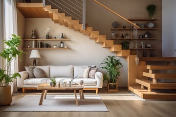Interior design modern living room interior with wooden stairs - obrazy, fototapety, plakaty