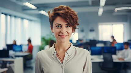 Portrait of beautiful professional businesswoman with short brown hair looking at the camera with a out of focus office in the background. Modern corporate office workplace scene.