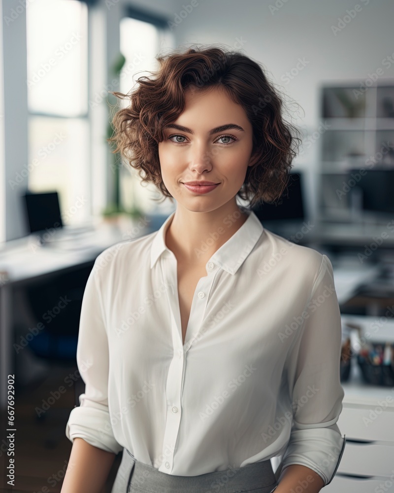 Poster Portrait of beautiful professional businesswoman with short brown hair looking at the camera with a out of focus office in the background. Modern corporate office workplace scene.