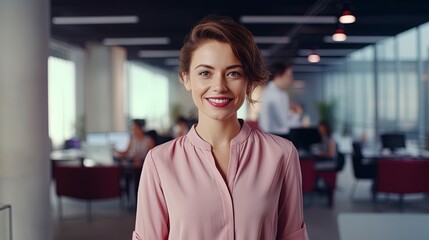 Portrait of beautiful professional businesswoman with short brown hair looking at the camera with a out of focus office in the background. Modern corporate office workplace scene.