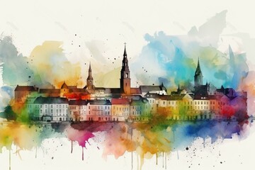 Watercolor splatters depicting the skyline of Bialystok. Generative AI