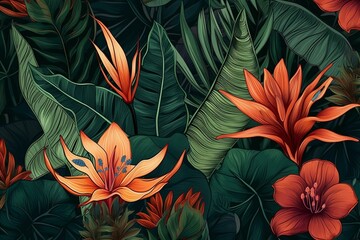 Illustrated tropical flower and leaf creating a stunning floral background. Generative AI