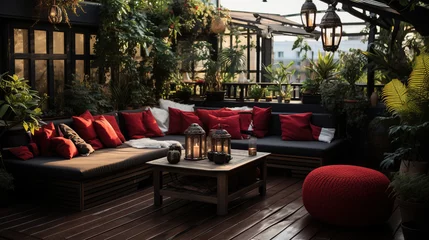Fotobehang A Patio Decorated with Black White and Red Decorations in Naturalistic Light Background © Image Lounge