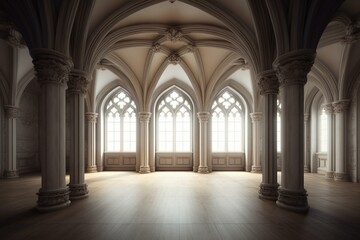 Fototapeta na wymiar Spacious room with gothic style columns, depicted in 3D. Generative AI