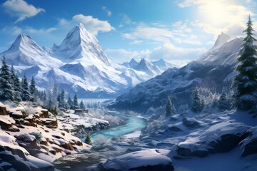 Scenic winter mountains with snowy landscape. Generative AI