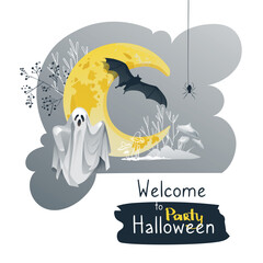 Vector Halloween Promotion Poster Template with Ghost. Website Spooky or Banner Template