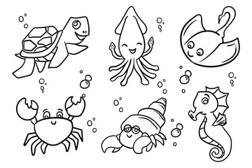 Set of hand drawn outline comic fish. Cute funny abstract fish for children coloring book. Vector black and white sea animals illustration isolated on white background