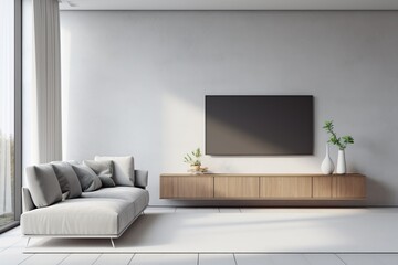 Scandinavian style home interior design of modern living room, gray sofa