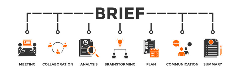 Brief banner web icon  for a briefing of business plan with an icon of meeting  collaboration  analysis  brainstorming  plan  communication  and summary