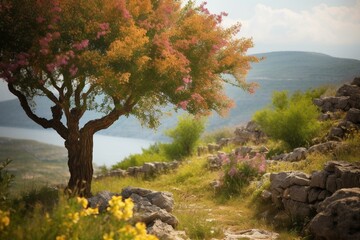 A tree with flowers in the backdrop of a scenic view. Generative AI