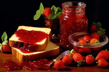 A breakfast consisting of strawberry jam spread over bread slices with a side of fruits. Generative AI