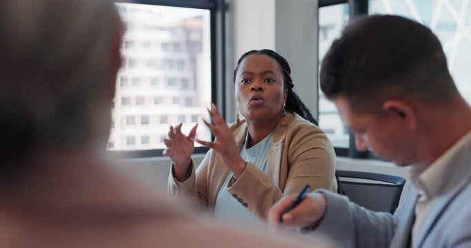Business people, cooperation and black woman in a meeting, brainstorming and planning in a workplace. Staff, group or manager with employees, solidarity or support with collaboration and planning