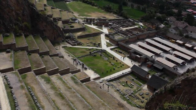 Inca Fortress with Terraces and Temple Hill in Ollantaytambo, Peru.