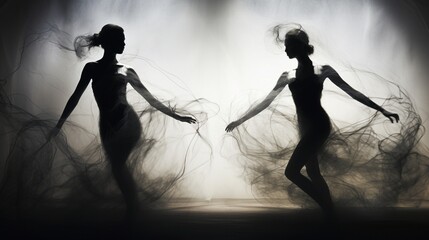 A Photograph capturing the ephemeral essence of double exposure models, entwining their graceful forms amidst a captivating dance of light and shadow.