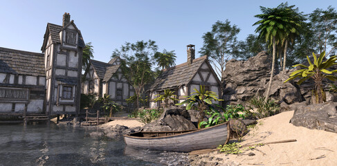 A medieval village surrounded by palm trees on the ocean shore against a blue sky. Wooden boat....