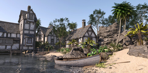 A medieval village surrounded by palm trees on the ocean shore against a blue sky. Wooden boat. Sandy soil with tropical vegetation. Photorealistic 3D illustration.