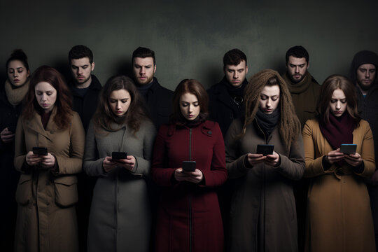 Group of unhappy young people hypnotized with mobile phones and smartphones. Technology isolation and emotional depression. Internet and social media