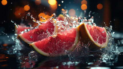 Water Splashing on Group of Delicious Fresh Green Watermelon and Slices Background Selective Focus