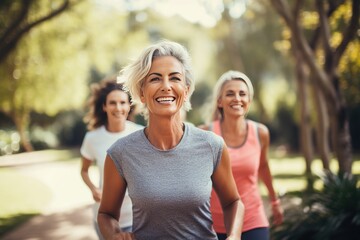 Active graceful Senior Women and Friends jogging in Lively Park Stretchingmuscle health, workout, and training with the retirement community