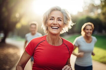 Active graceful Senior Women and Friends jogging in Lively Park Stretchingmuscle health, workout, and training with the retirement community