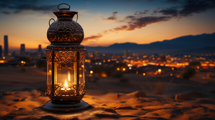 Fototapeta premium A Lantern on The Desert Floor at Sunset Islamic Art and Architecture Background Selective Focus